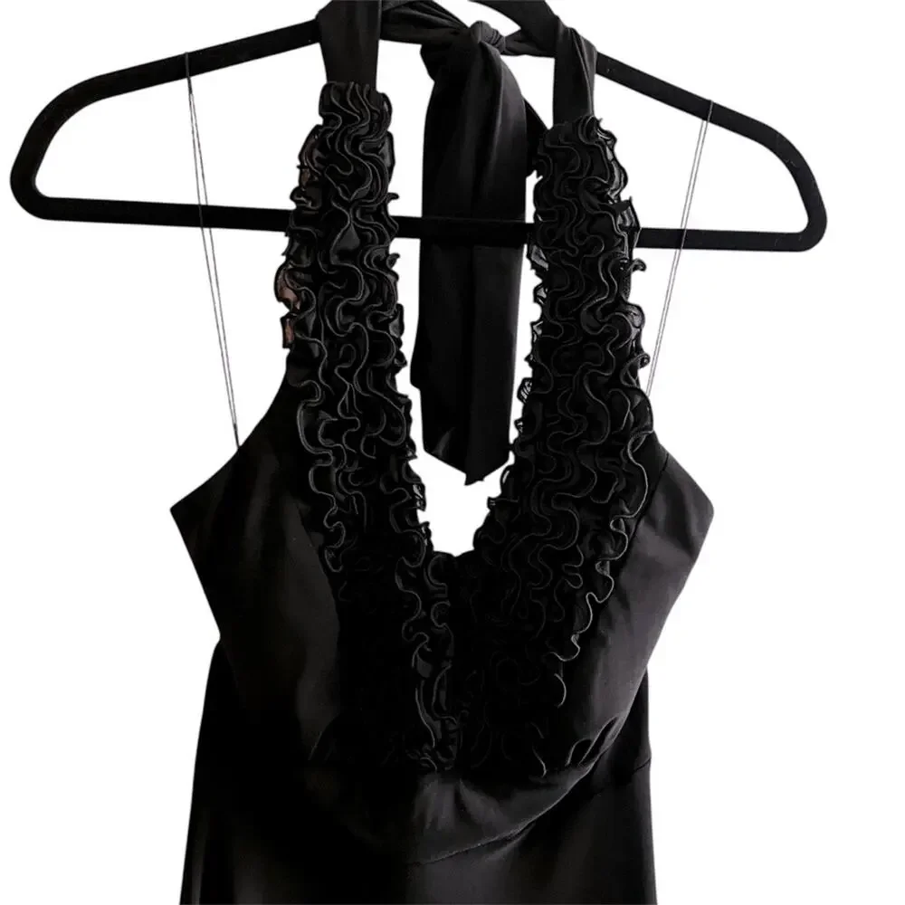 Onyx Nite by Wendy Chaitin Black Ruffle Halter Mini Dress stretch womens size 4